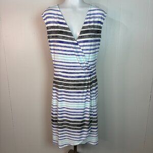 Ann Taylor Dress Medium Tall White Blue Striped Crossover Sleeveless Stretch MT